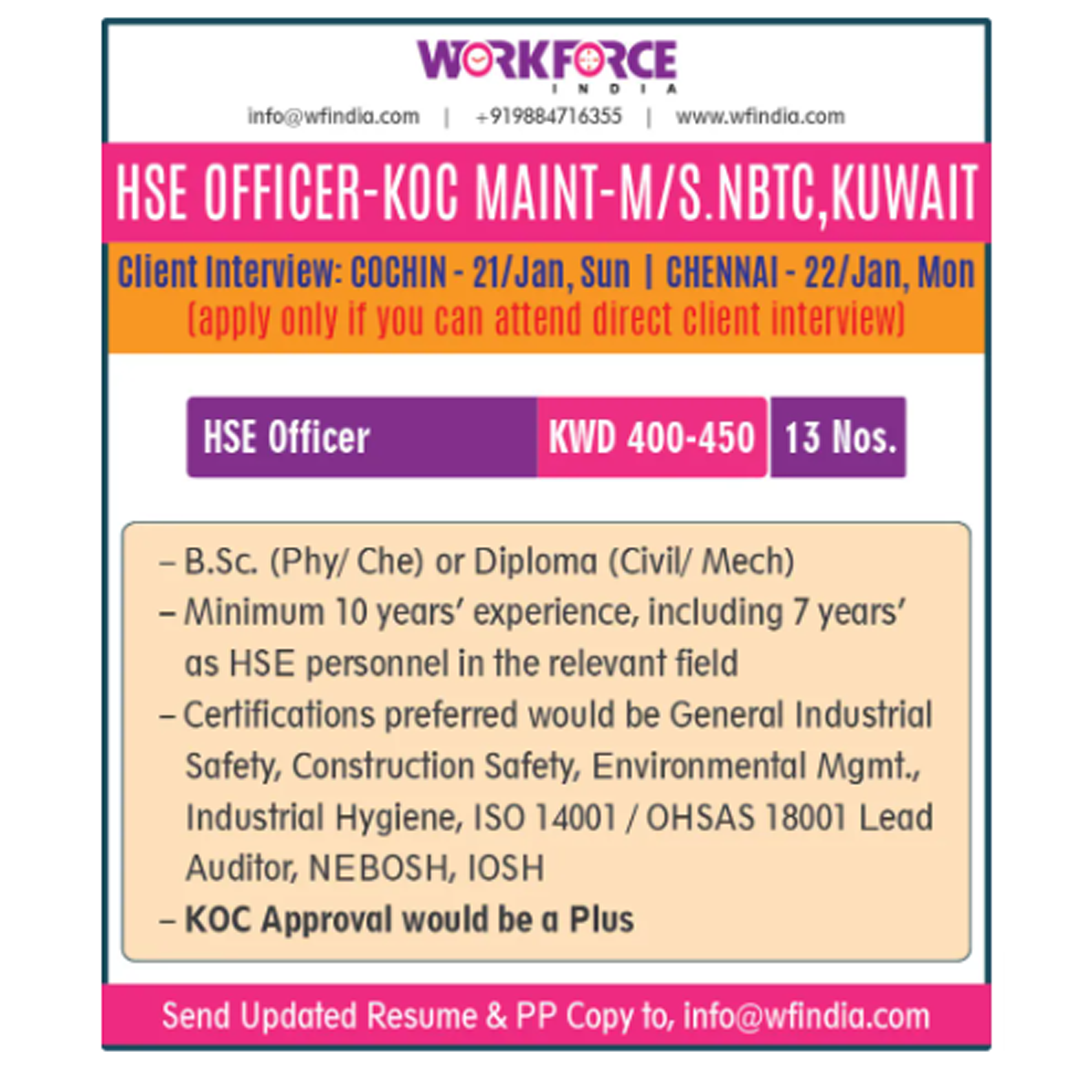 Safety Officers Jobs NEBOSH vacancy, Job Openings in India