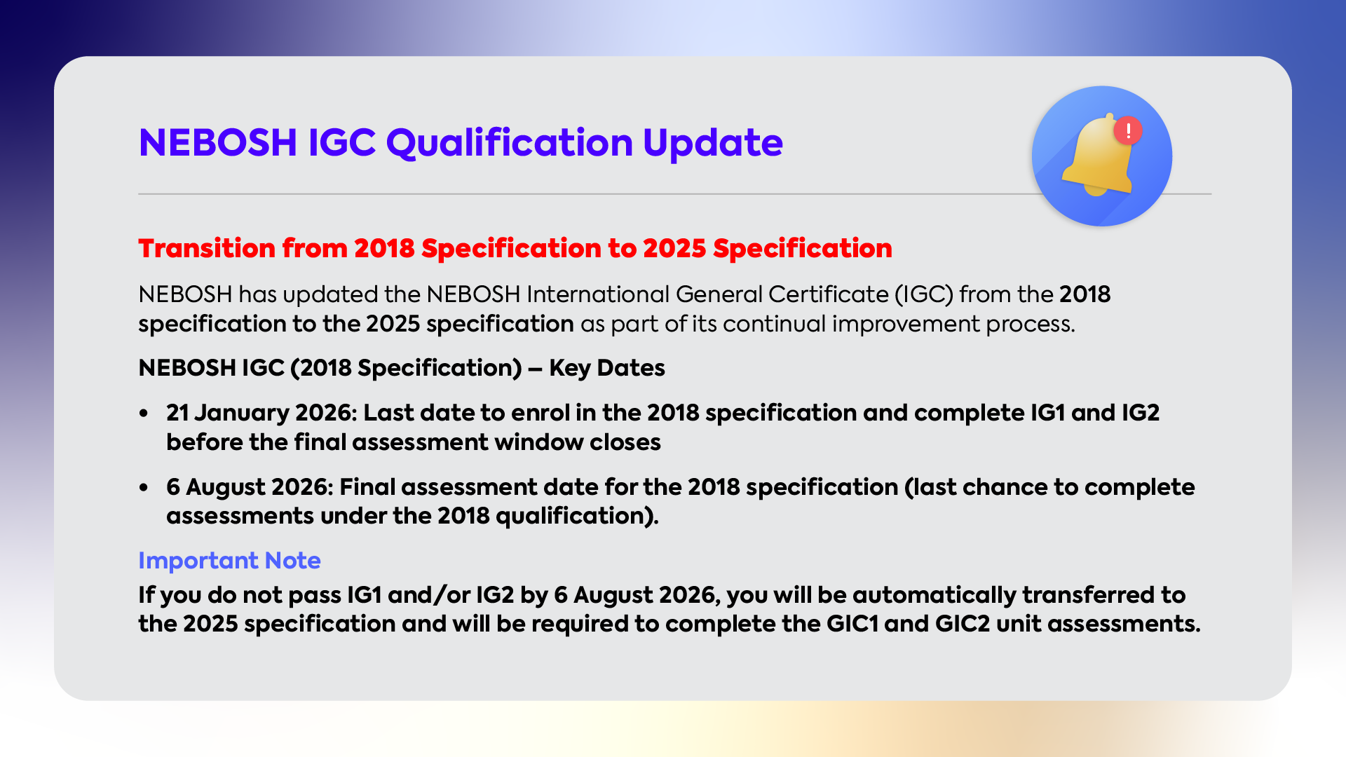 NEBOSH GIC Course Update
